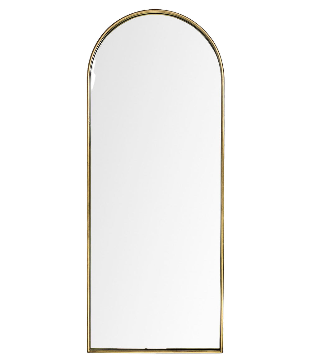 Arched mirror with gold frame on a white background