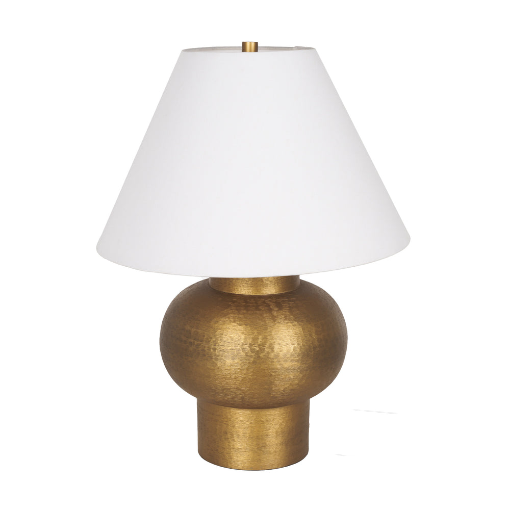 Gold table lamp with a white shade on a white background