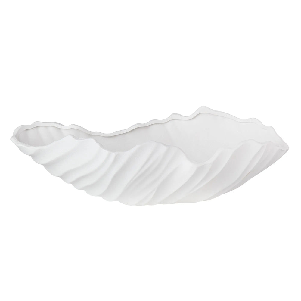 A white ceramic vase with an abstract and wave-like design.