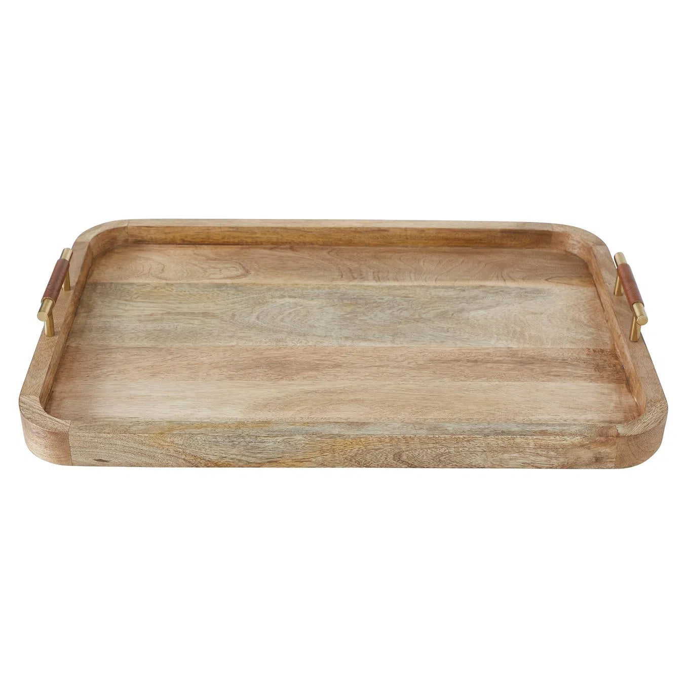 A rectangular mango wood tray with handles on the sides.