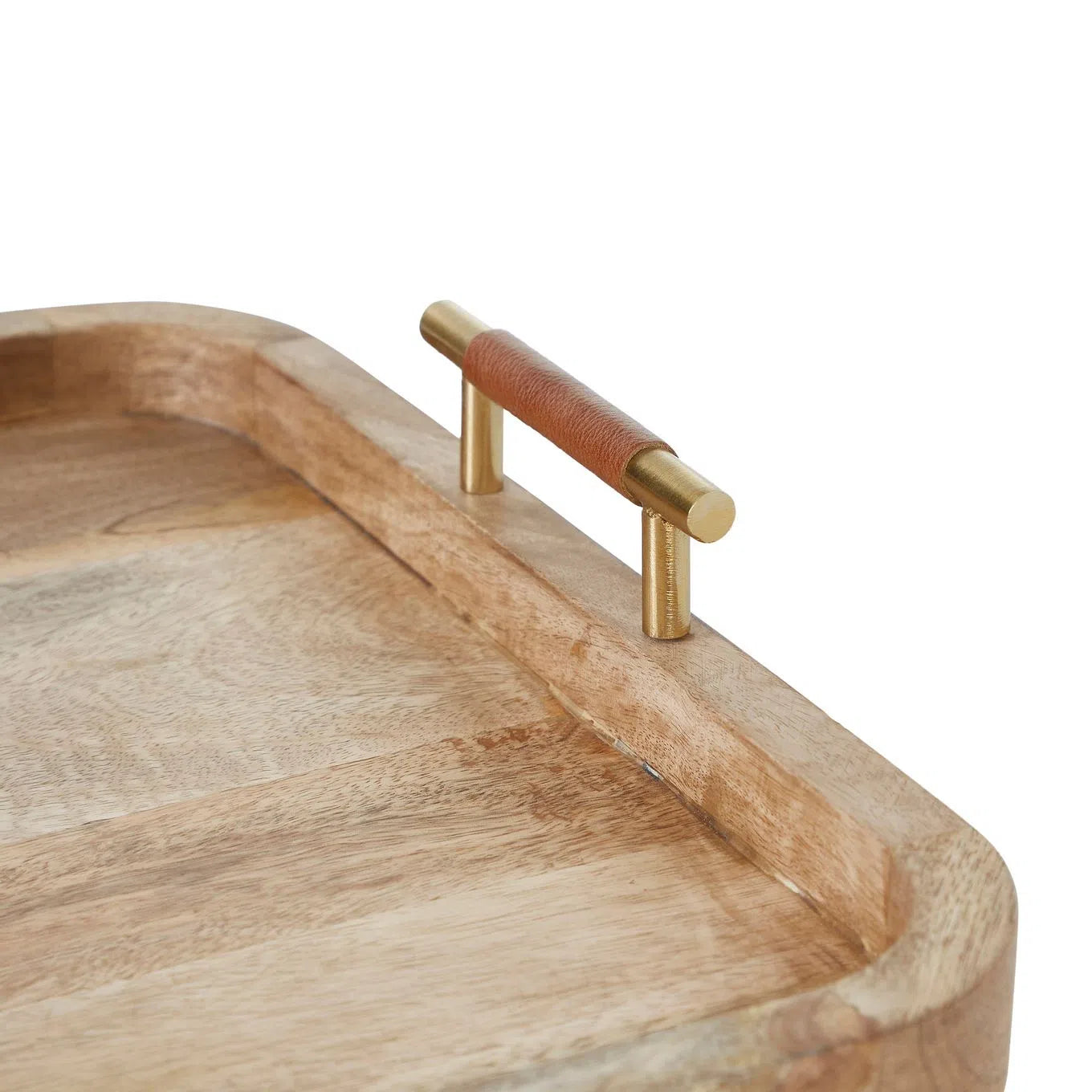A rectangular mango wood tray with handles on the sides.