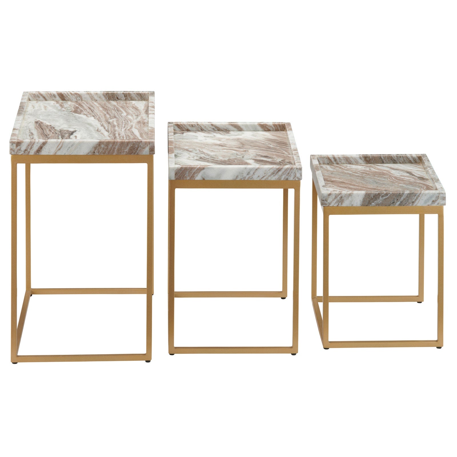 Set of three marble-top side tables with gold frames on a white background