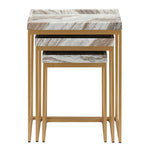 Three nested square nesting tables with white and brown marble-patterned tops and slim gold metal frames, shown on a plain white background.