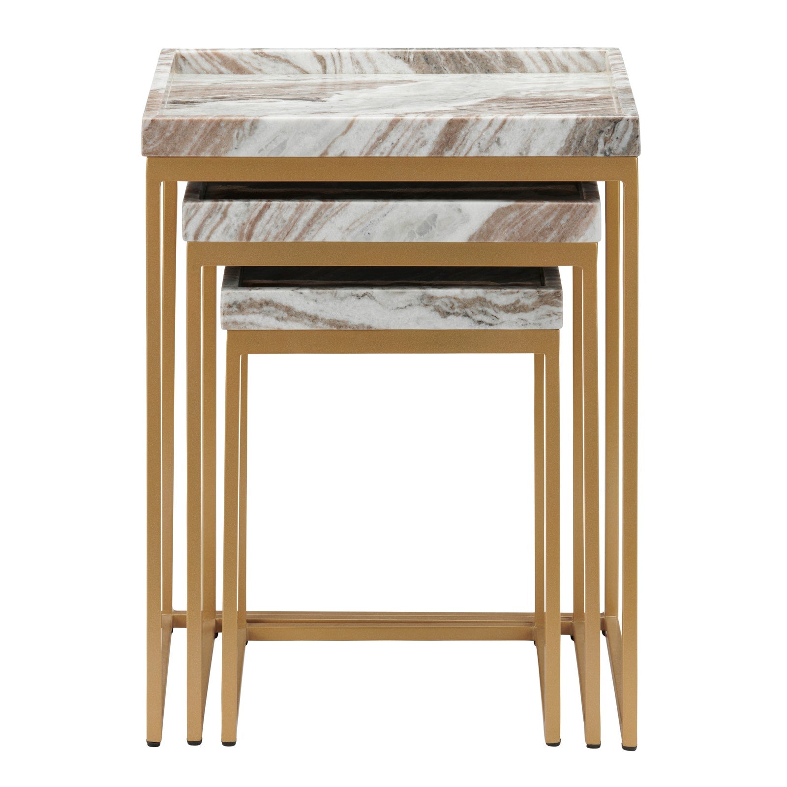 Three nested square nesting tables with white and brown marble-patterned tops and slim gold metal frames, shown on a plain white background.