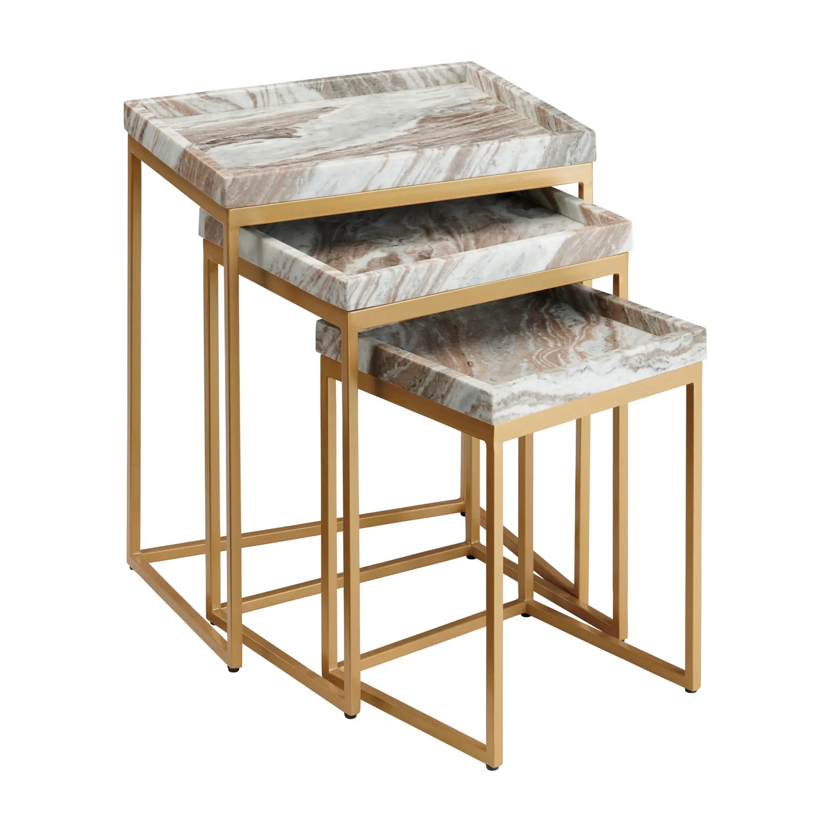 Set of three marble-top nesting tables with gold frames on a white background