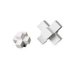 Two marble cubic decorative objects, one large and one small, with a white geometric pattern
