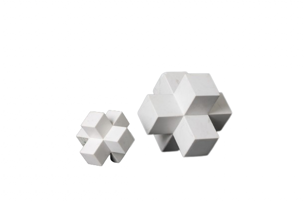 Two marble cubic decorative objects, one large and one small, with a white geometric pattern