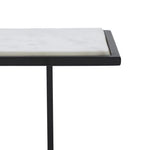 A rectangular marble end table with a black frame and a natural marble pattern, positioned against a white background.