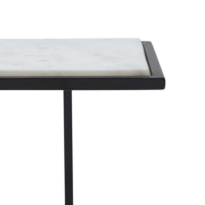 A rectangular marble end table with a black frame and a natural marble pattern, positioned against a white background.