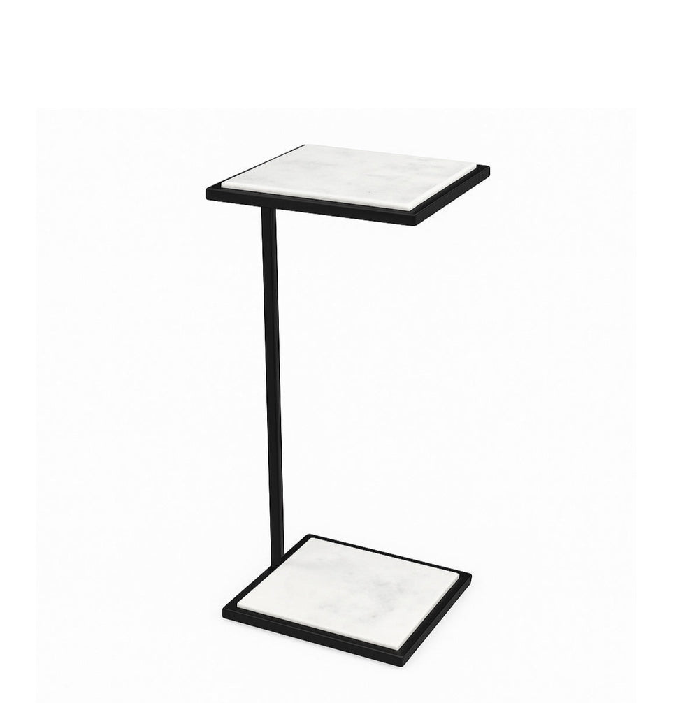 Small side table with marble top and black metal frame on a white background