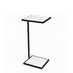 Small side table with marble top and black metal frame on a white background