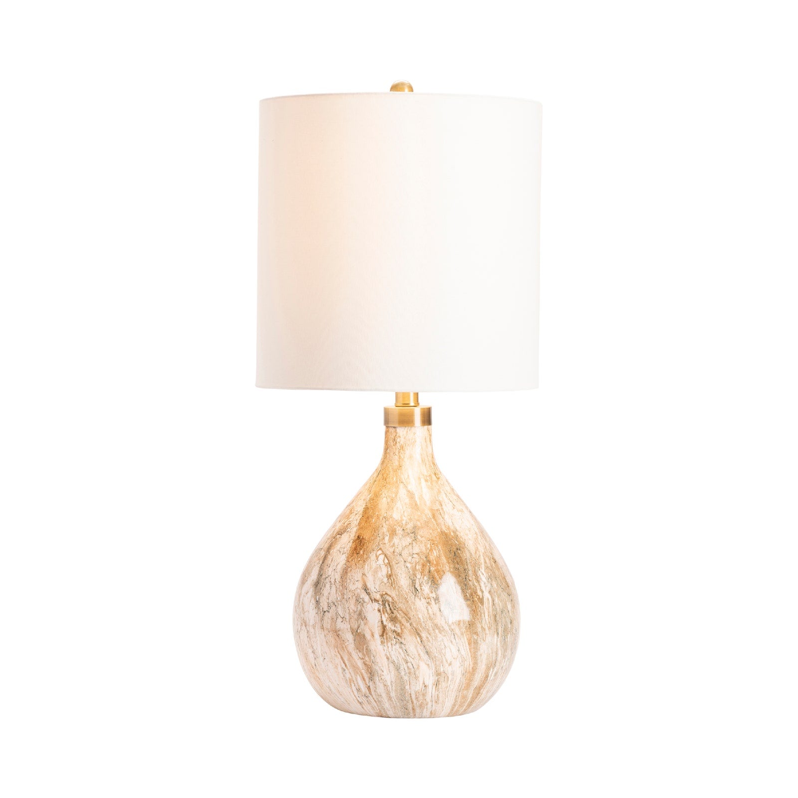 Table lamp with a beige marble base and white shade on a white background