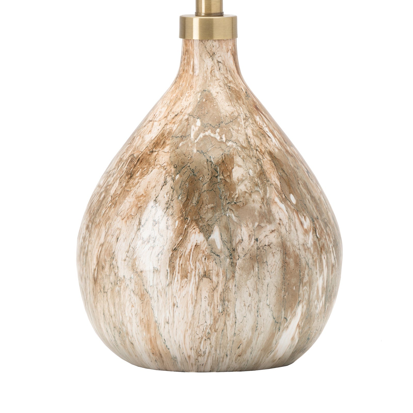 A teardrop-shaped table lamp base with a marbled metallic finish in gold, bronze, and cream, featuring a polished brass neck on a white background.