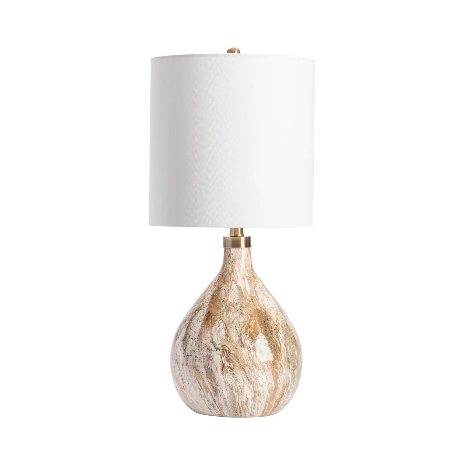 Table lamp with a marbled base and white shade on a white background