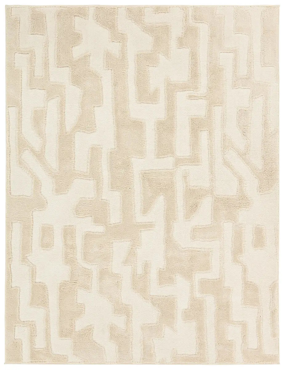 Beige area rug with geometric pattern on a white background