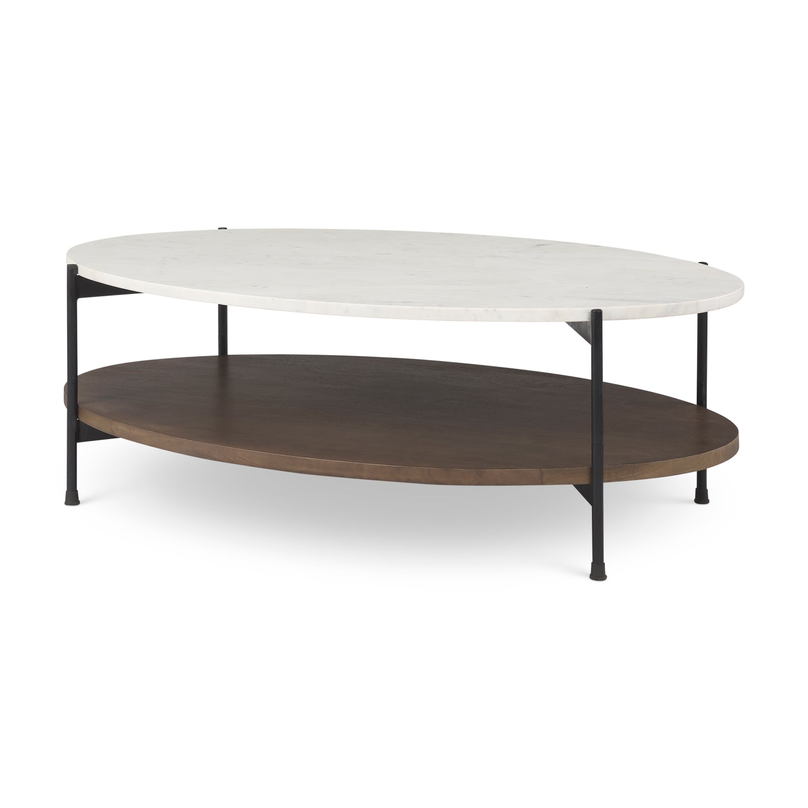 Oval-shaped coffee table with a natural marble top in white, a solid mango wood shelf in brown, and a black iron frame.