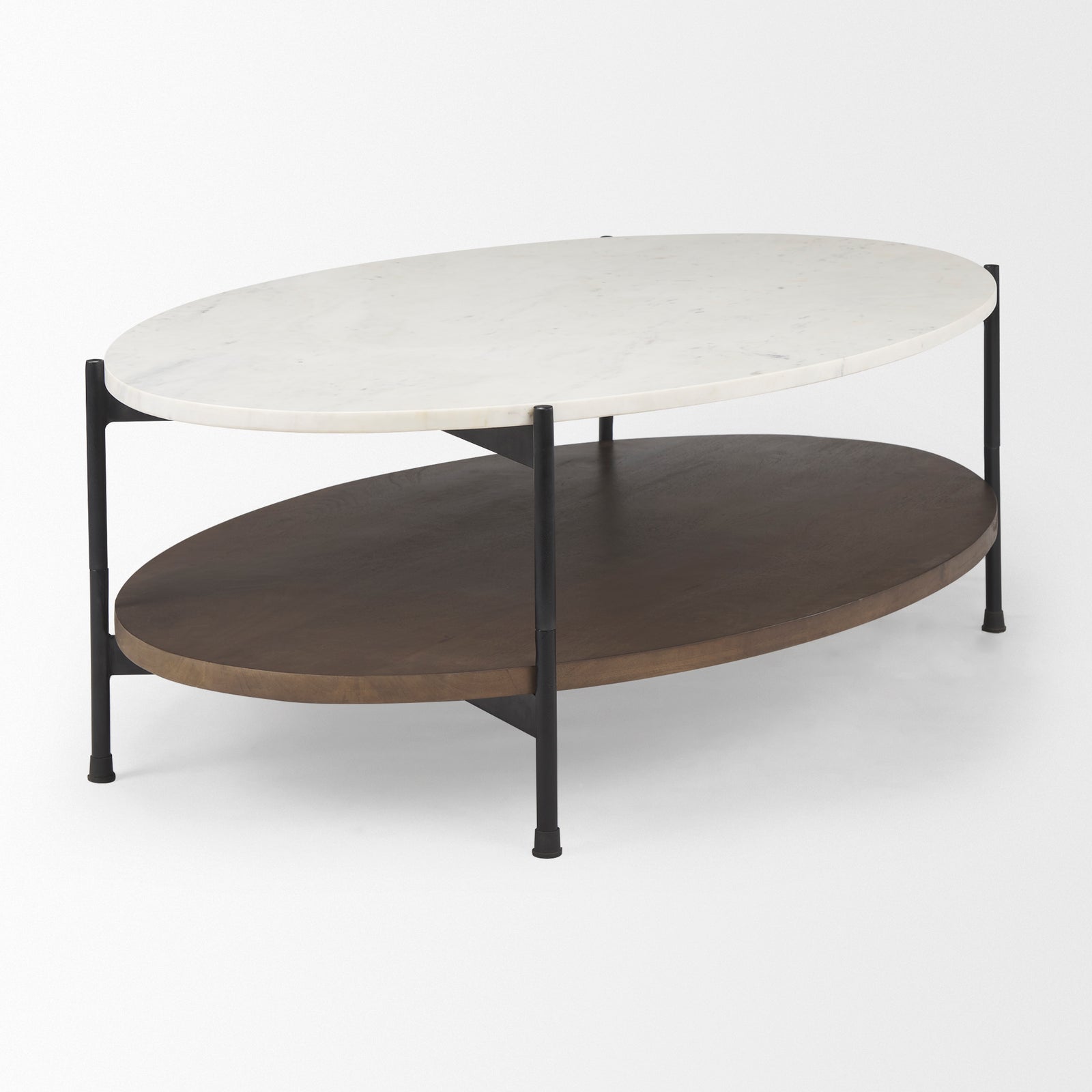 Oval-shaped coffee table with a natural marble top in white, a solid mango wood shelf in brown, and a black iron frame.