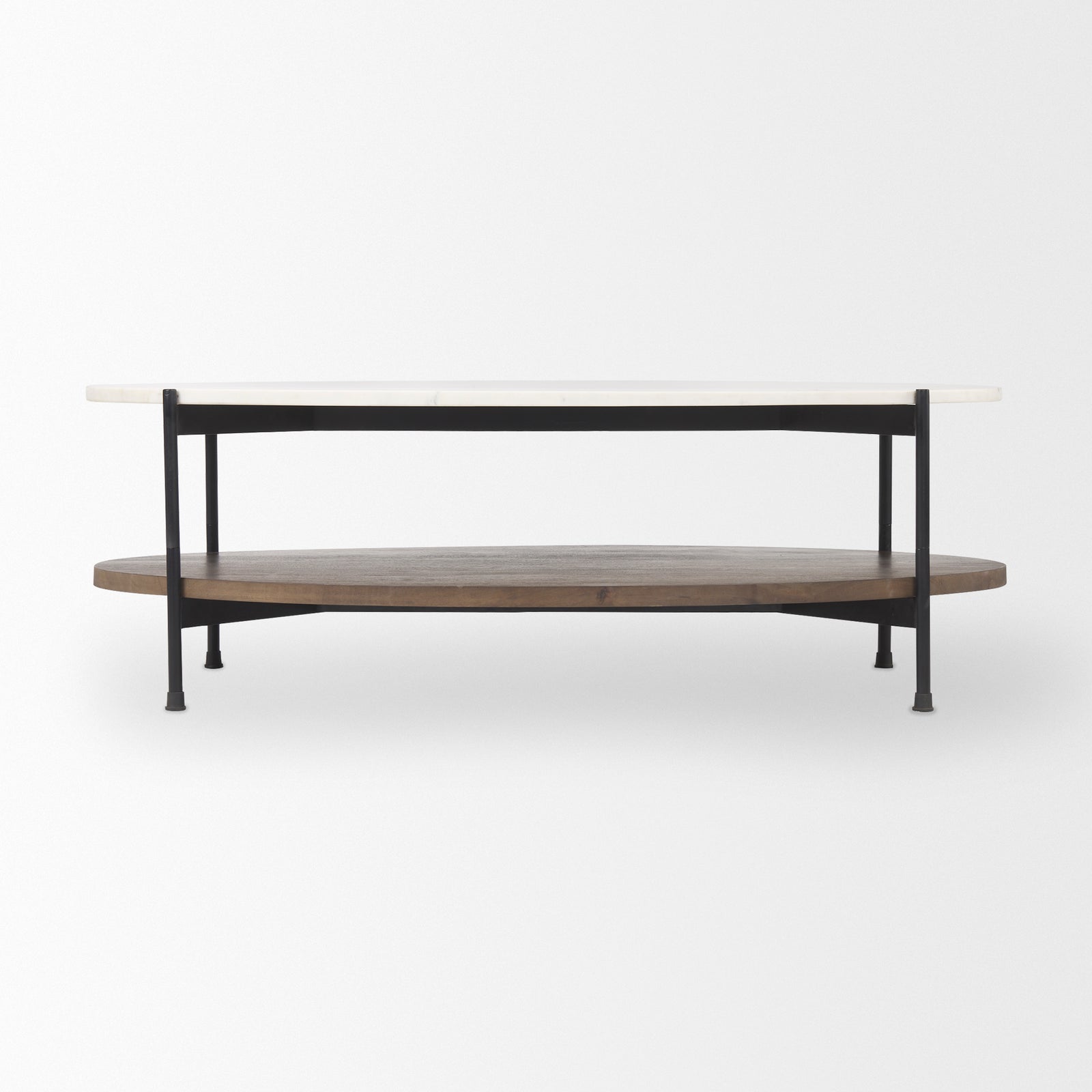 Oval-shaped coffee table with a natural marble top in white, a solid mango wood shelf in brown, and a black iron frame.