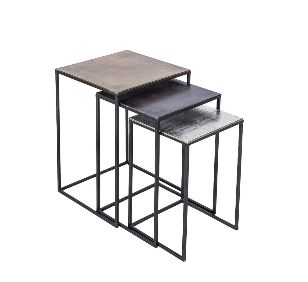 Set of three nesting tables with metal frames and wooden tops on a white background