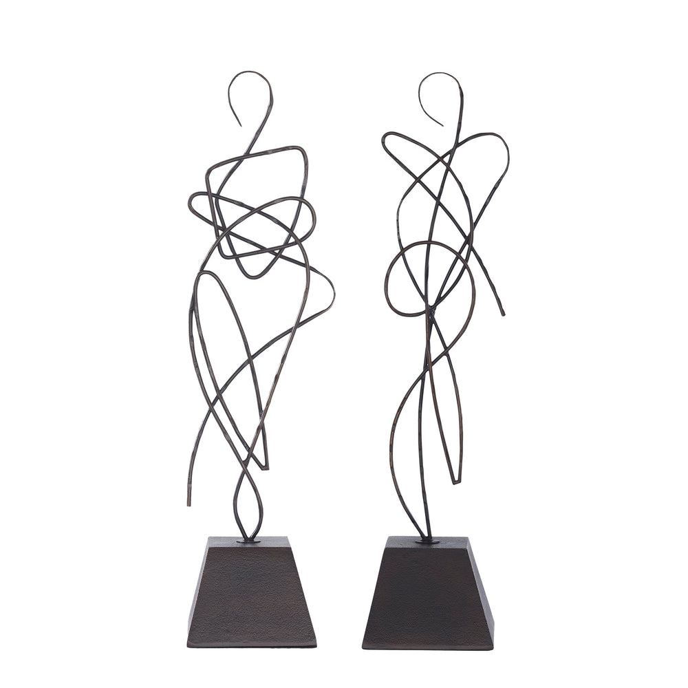 Two cast aluminum statues with an oil rubbed bronze finish on a black base, in a minimalist design, portraying abstract curvilinear forms.