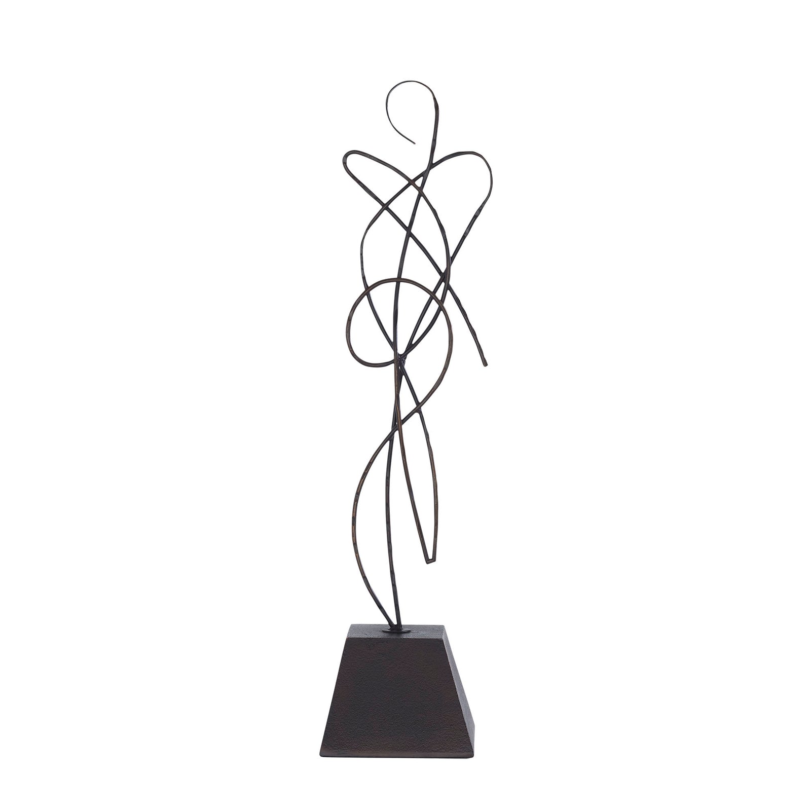 Two cast aluminum statues with an oil rubbed bronze finish on a black base, in a minimalist design, portraying abstract curvilinear forms.