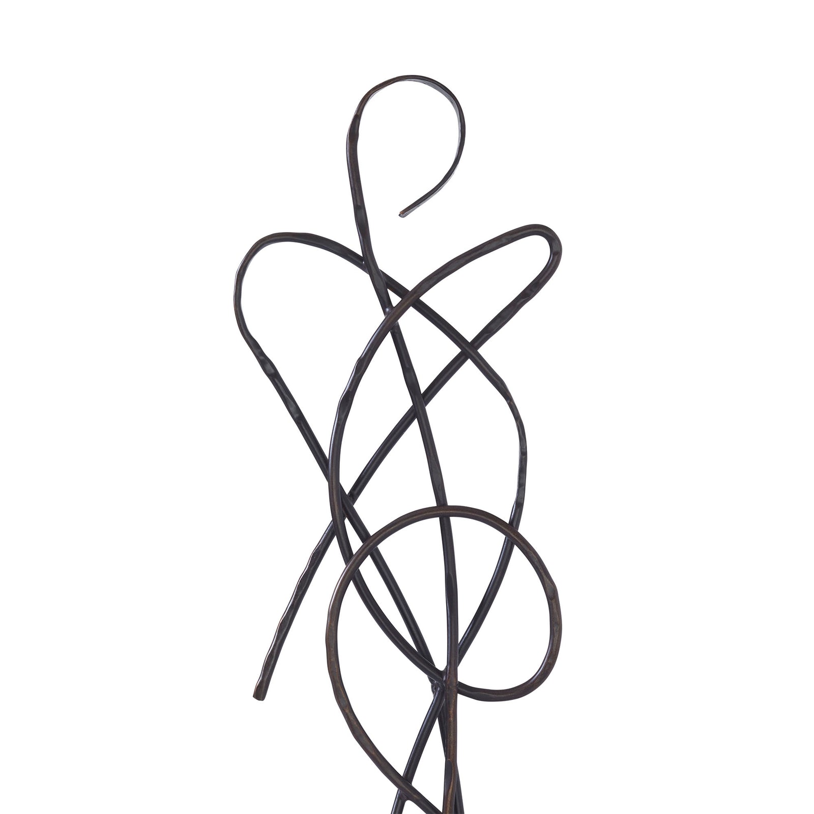 Cast aluminum statues with an oil rubbed bronze finish on a black base, in a minimalist design, portraying abstract curvilinear forms.