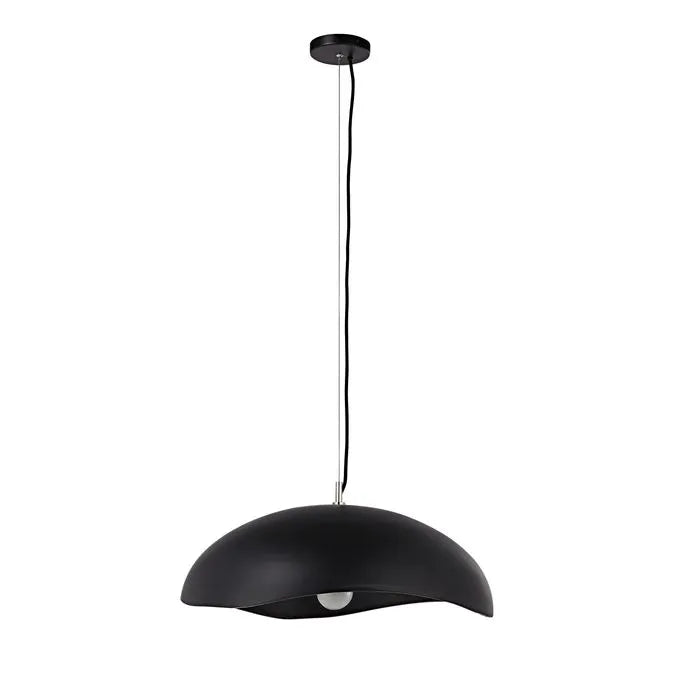 Matte black chandelier with a ceiling mount, featuring a concrete and iron construction with a maximum cord length of 108 inches.