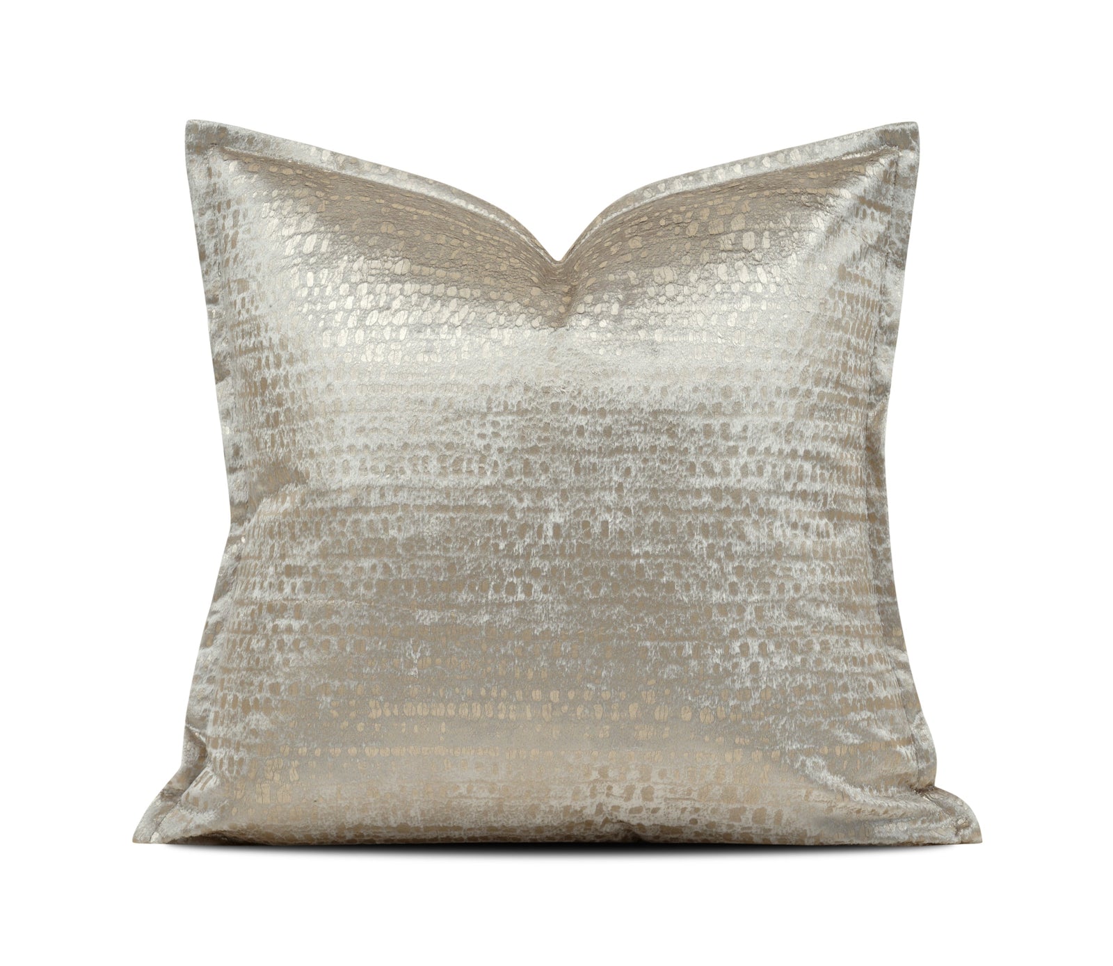 A square decorative throw pillow in a textured metallic champagne-gold fabric, shown against a plain white background with a brand watermark at the bottom.