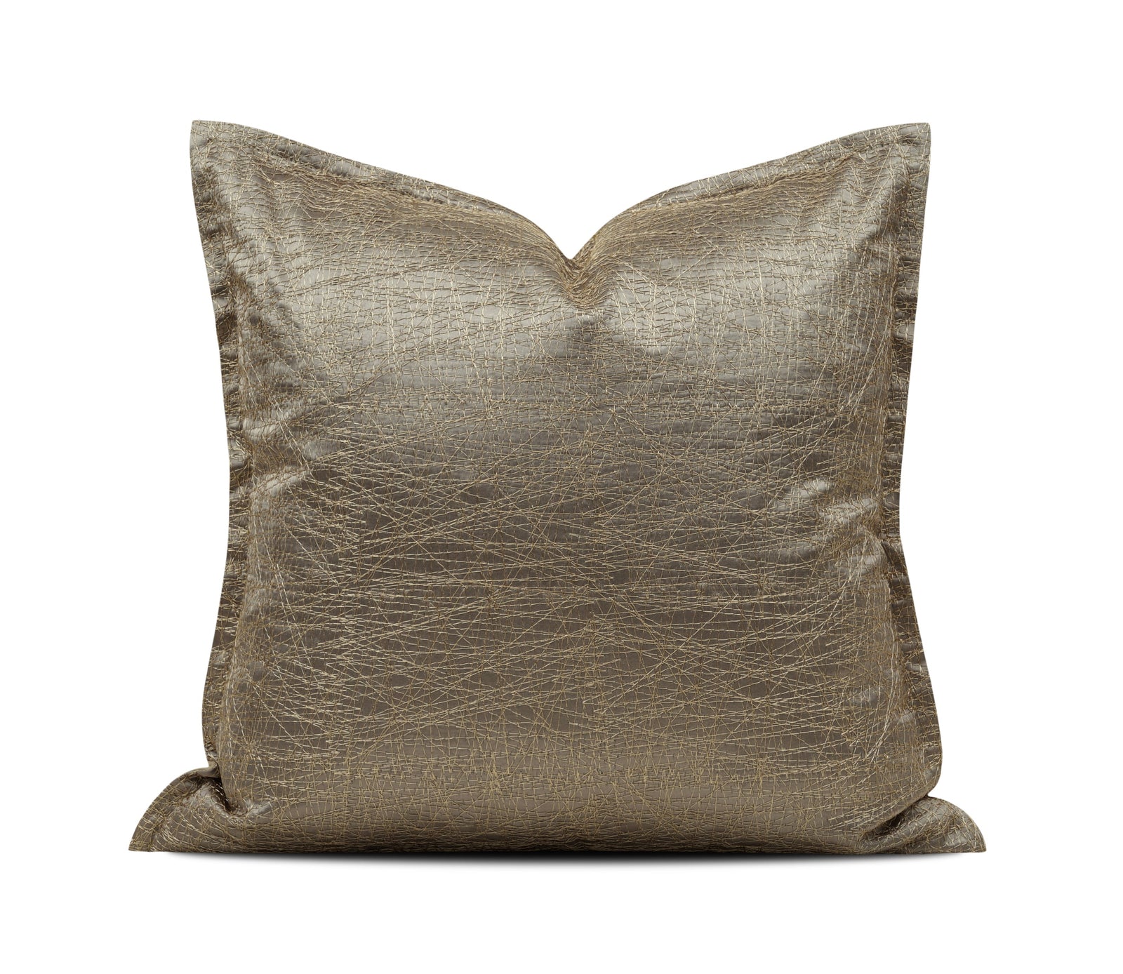 A square decorative throw pillow in a textured metallic taupe fabric, shown against a plain white background with a brand watermark at the bottom.