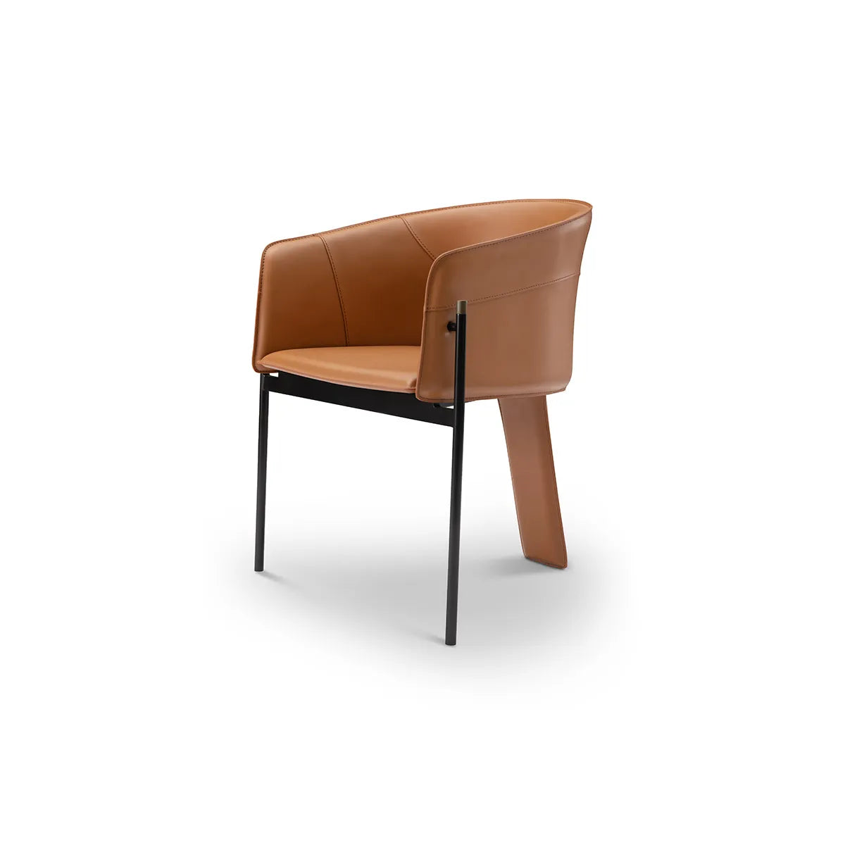 Brown leather chair with black metal legs on a white background