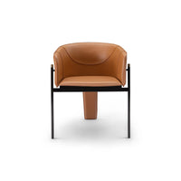 Brown leather armchair with black metal frame on a white background