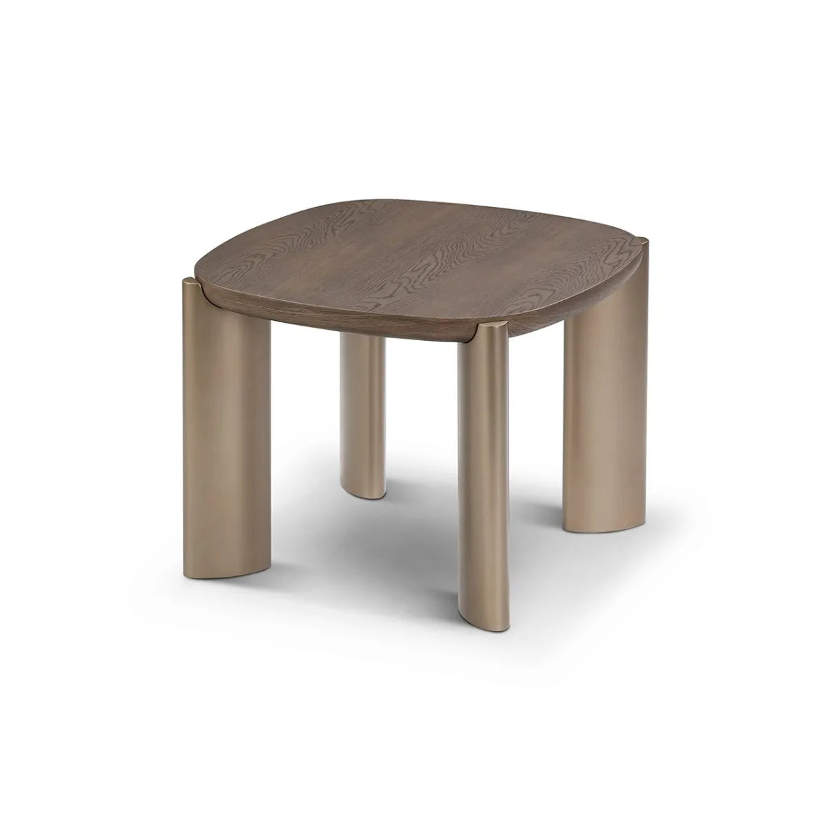 Wooden side table with four cylindrical legs on a white background
