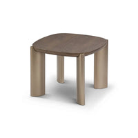 Wooden side table with four cylindrical legs on a white background