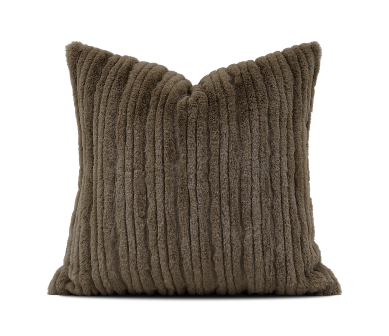 A square throw pillow in a textured, ribbed corduroy-like fabric in a warm taupe-brown color, shown against a plain white background