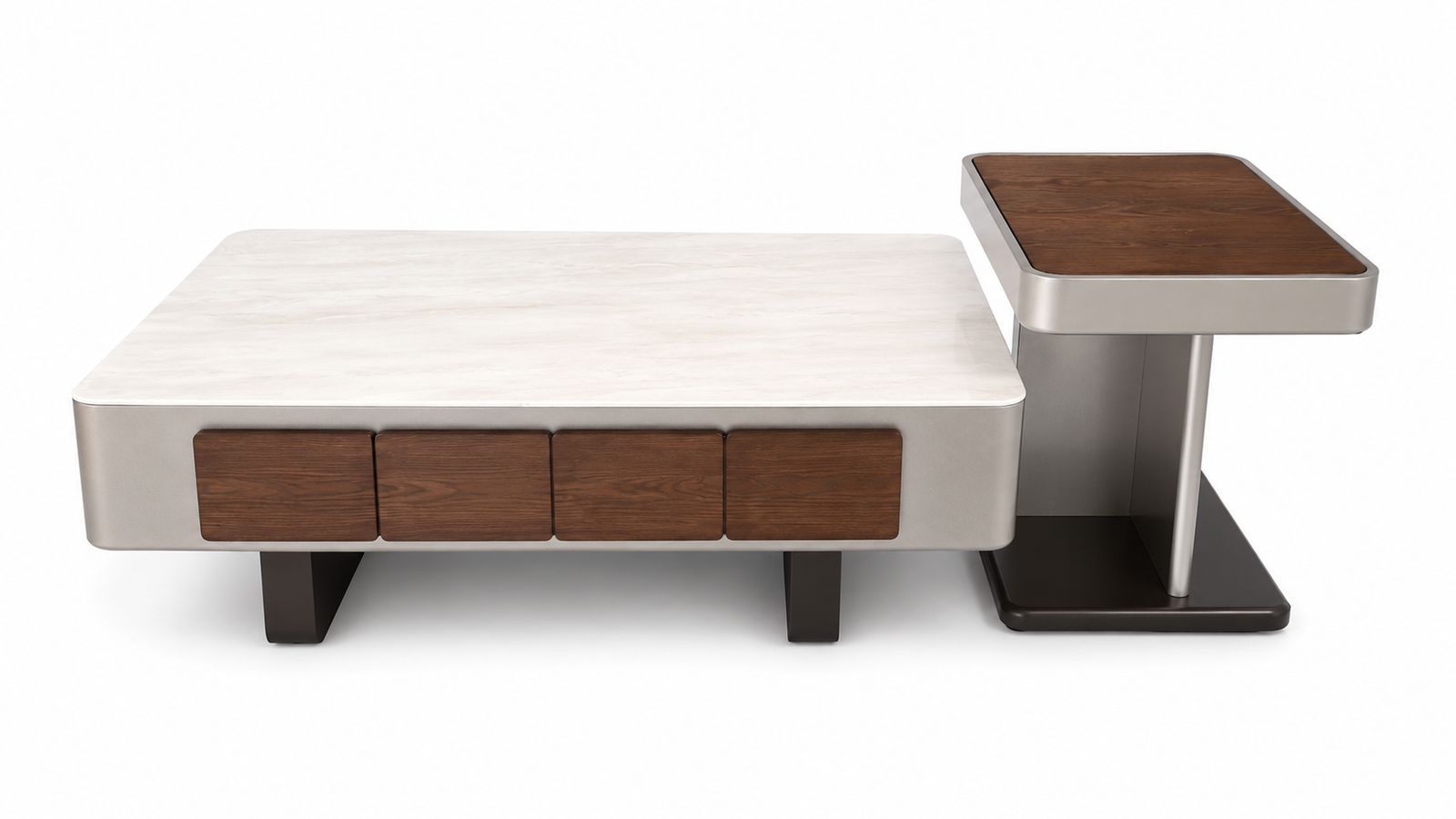 Modern coffee table with wooden accents on a white background