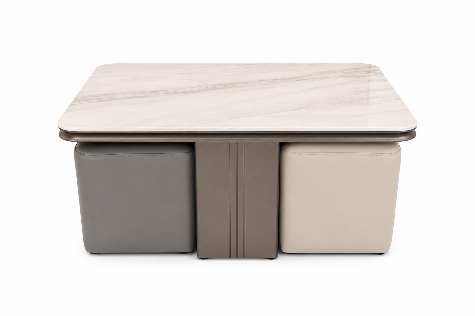 Rectangular ottoman with a beige top and gray sides on a white background