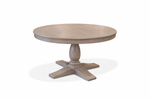 Round wooden table with a pedestal base on a white background