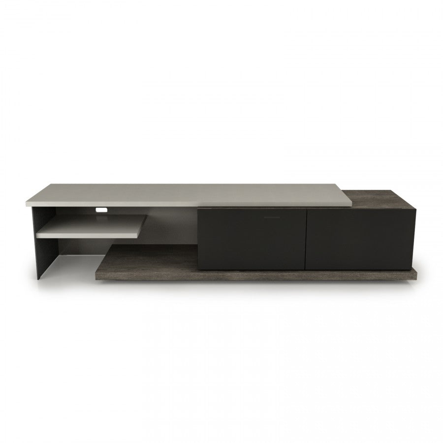 A modern Naples Extendable Media Unit in black and gray color with multiple shelves and cabinets.