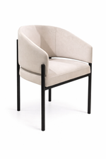 Beige armchair with black metal frame on a white background