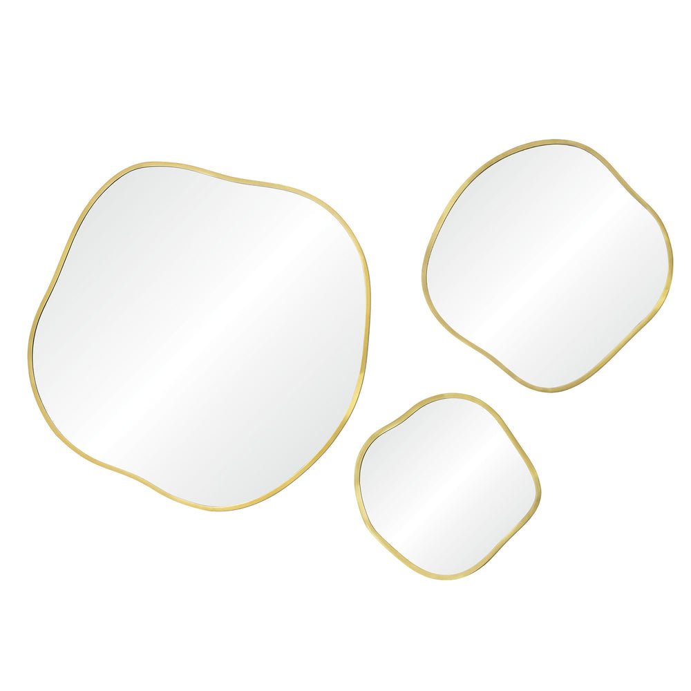 Set of three round wall-mounted mirrors with a satin brass finish and a gold border.