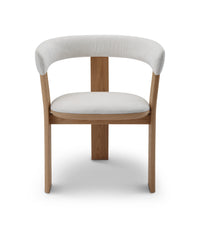 Modern chair with white cushioned seat and backrest on a white background