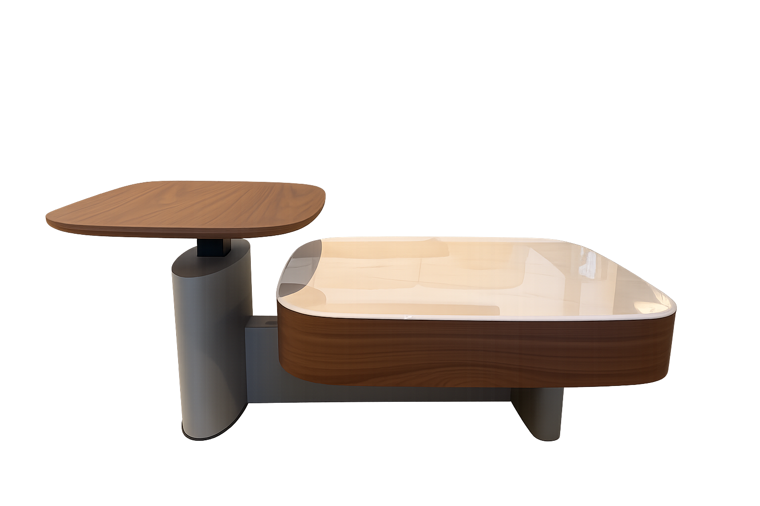 Modern coffee table with wooden finish on a white background