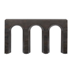 Dark brown console table with three arches on a white background
