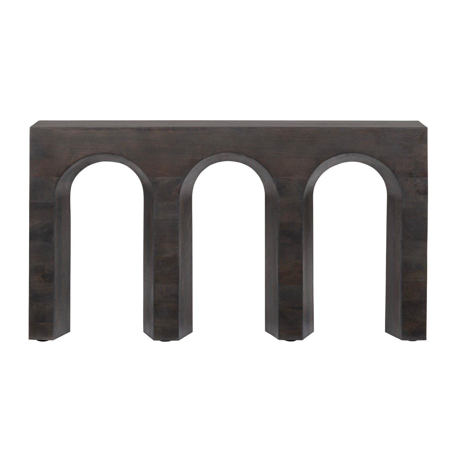 Dark brown console table with three arches on a white background