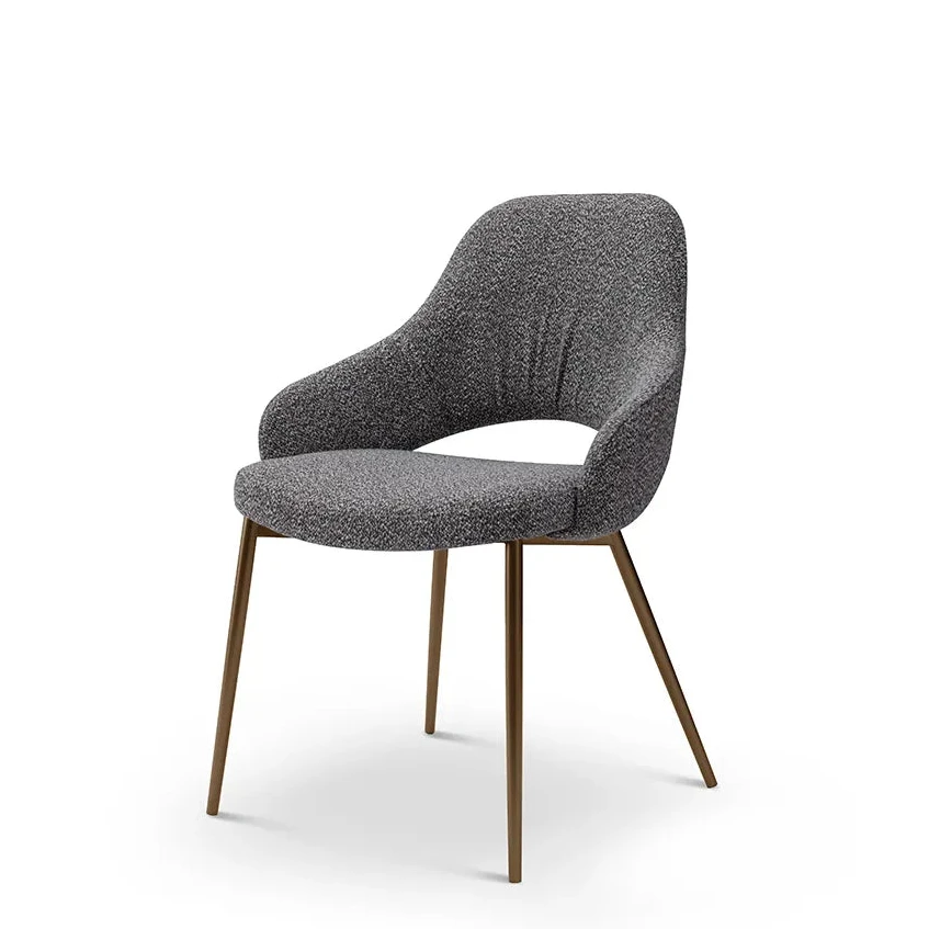 Gray upholstered chair with bronze legs on a white background