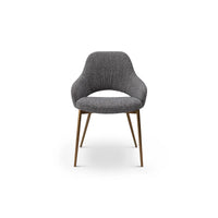 Gray upholstered chair with wooden legs on a white background