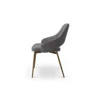 Modern chair with a textured gray seat and wooden legs on a white background