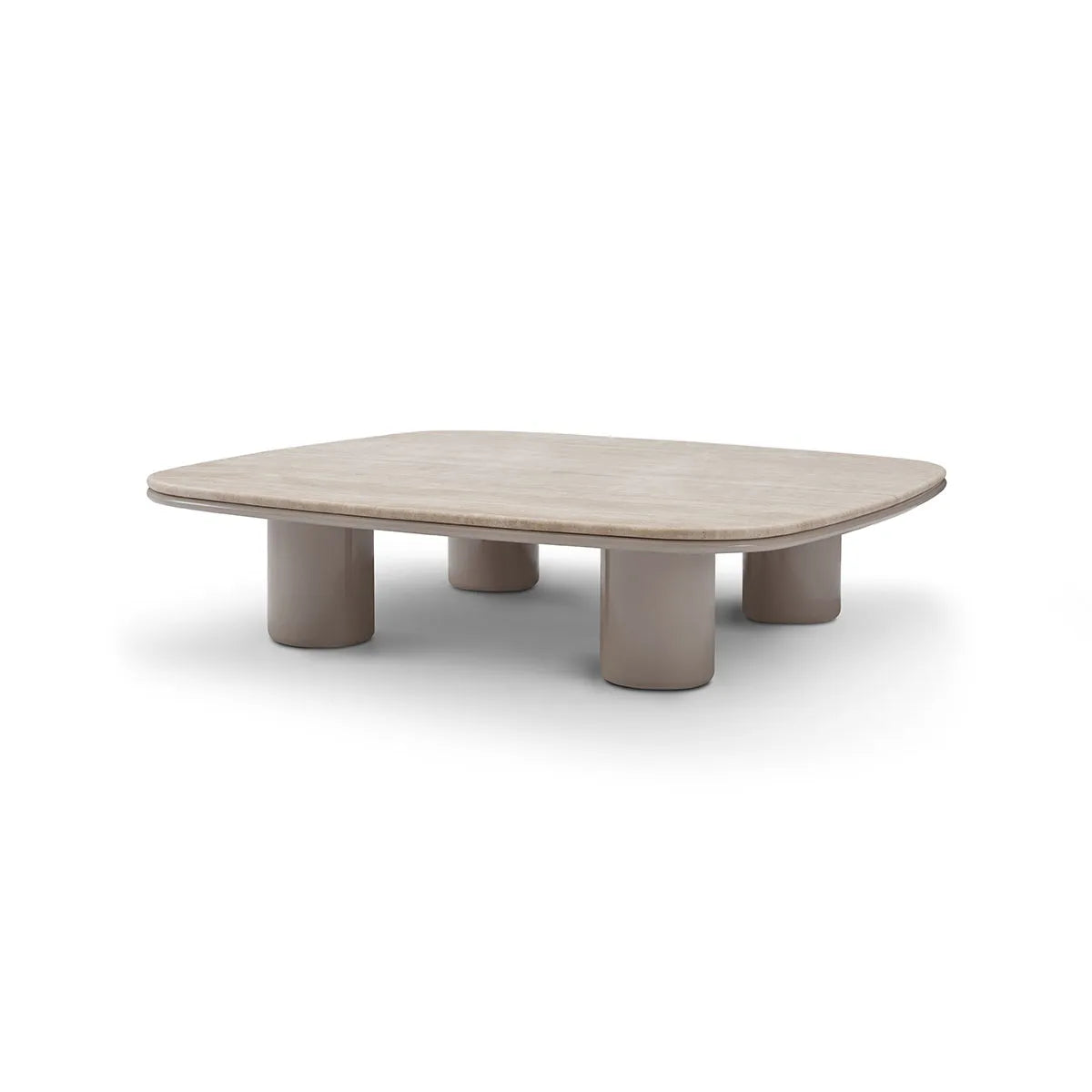 Modern coffee table with a light wood finish and four cylindrical legs on a white background