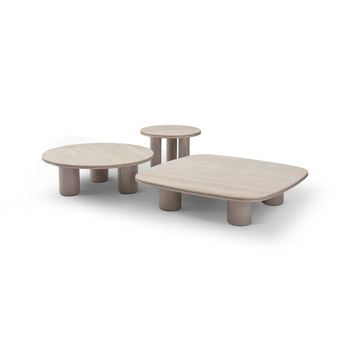 Three modern coffee tables on a white background