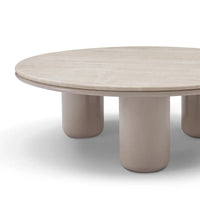Round wooden table with cylindrical legs on a white background